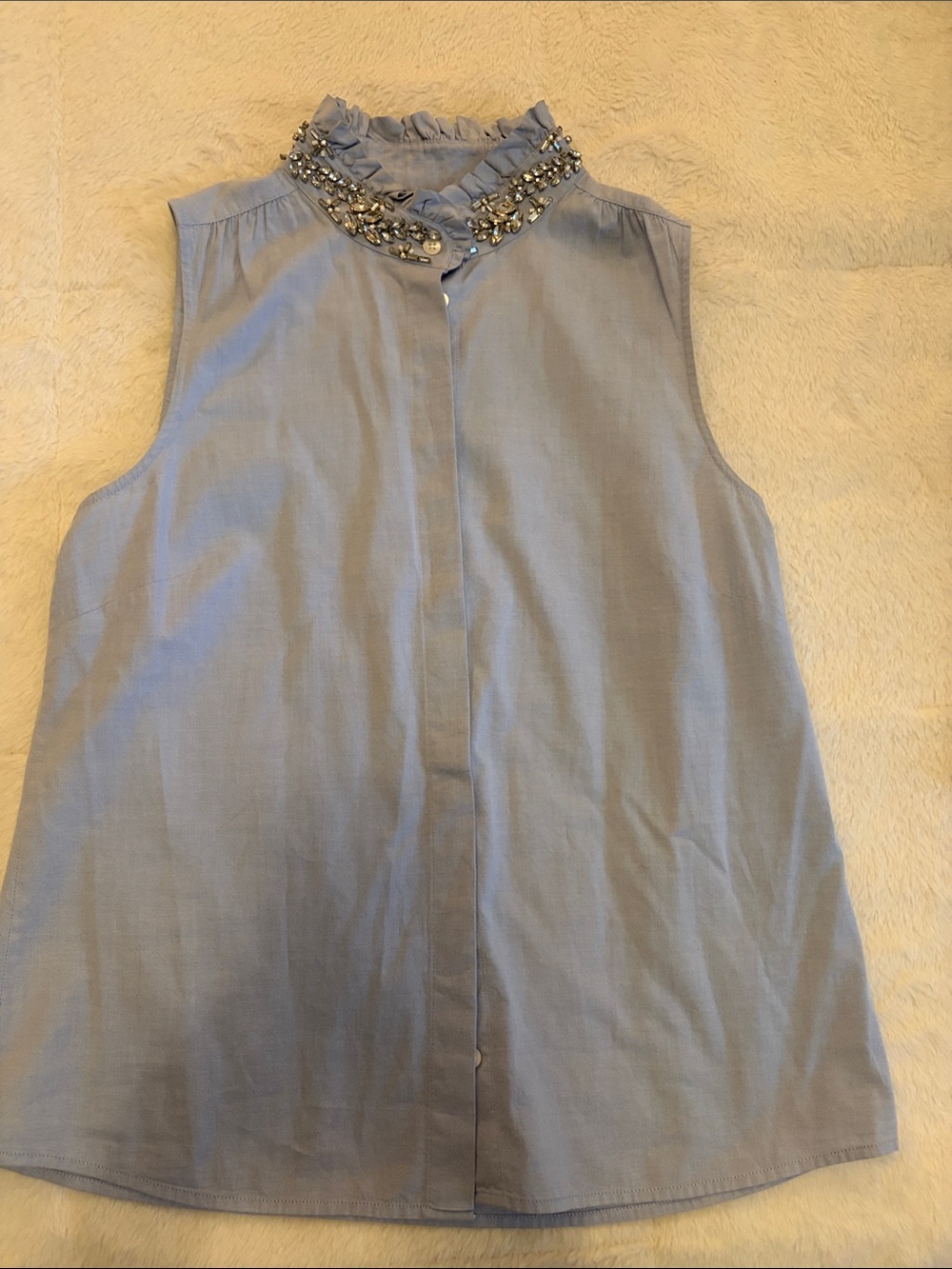 J Crew Ruffled Jeweled Collar Sleeveless Button Down- Light Blue